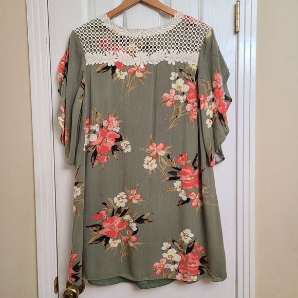 C EST 1946 Boho Floral Dress Gauzy Lined Flutter Sleeve Crochet Green Pink LARGE - Picture 4 of 12
